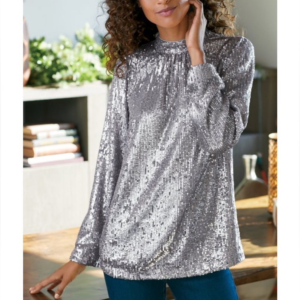 Soft Surroundings Bretton Fully Sequin Blouse Mock Neck Silver Party Event XL